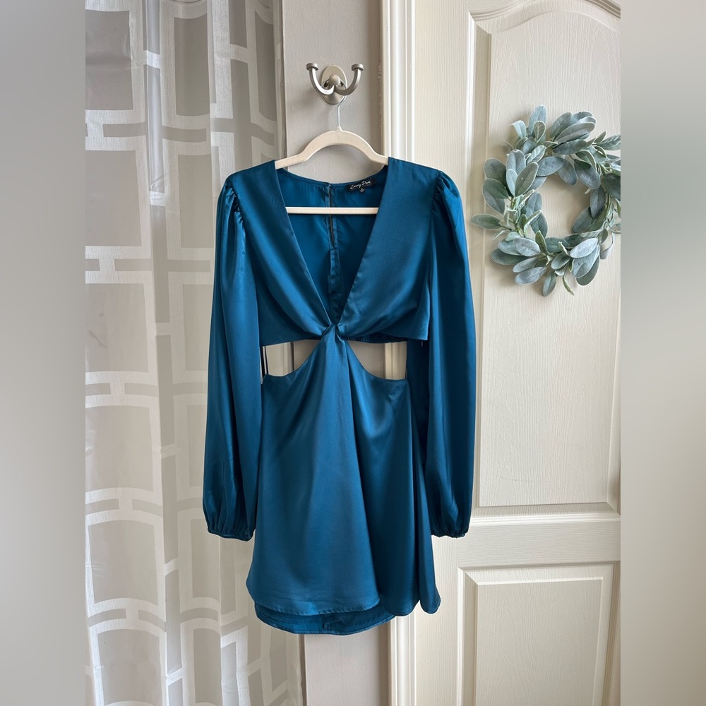 Emery Park Teal Satin cut out long sleeve mini dress